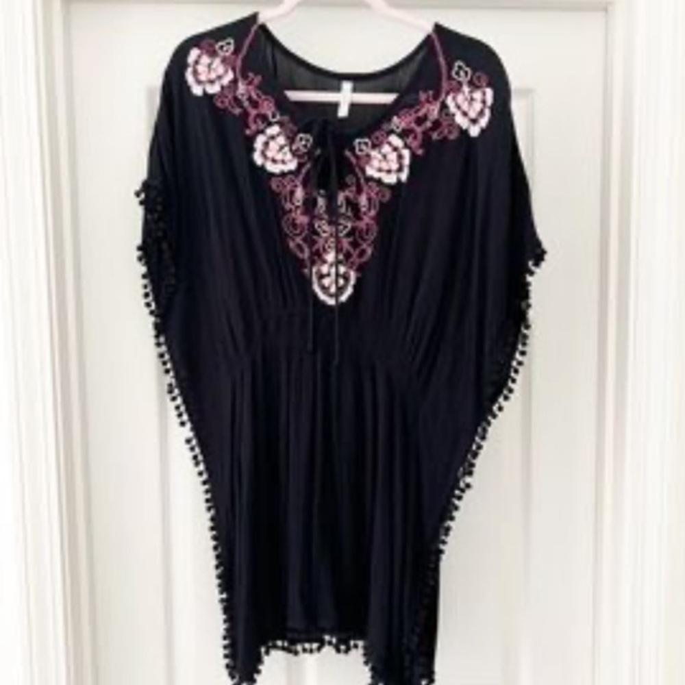 Francesca’s Women’s Black Pink embroidered swim beach coverup dress